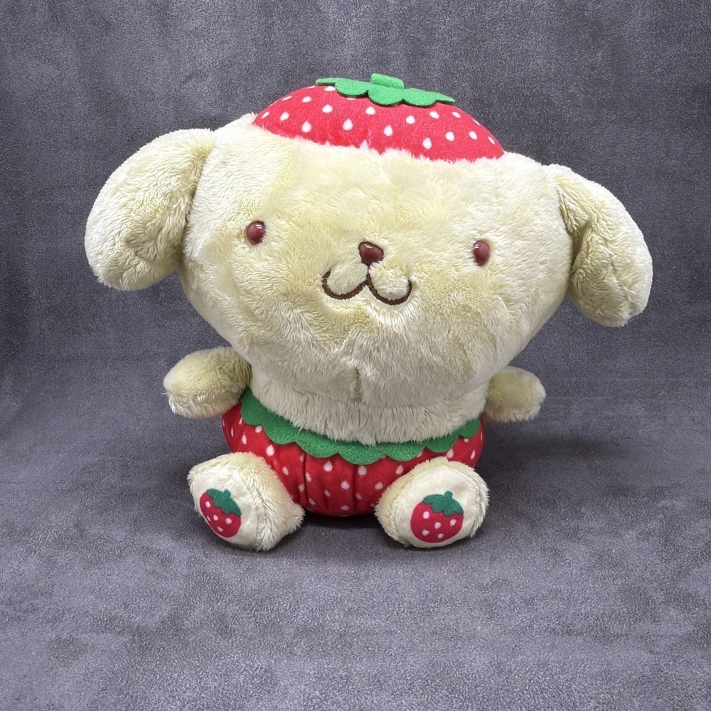 Sanrio Smiles Pompompurin Strawberry Hat Cap Plush Stuffed Animal Toy